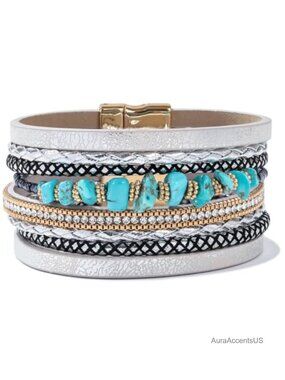 Turquoise Beaded Leather Wrap Bracelet Boho Cowgirl Stackable Magnetic Clasp